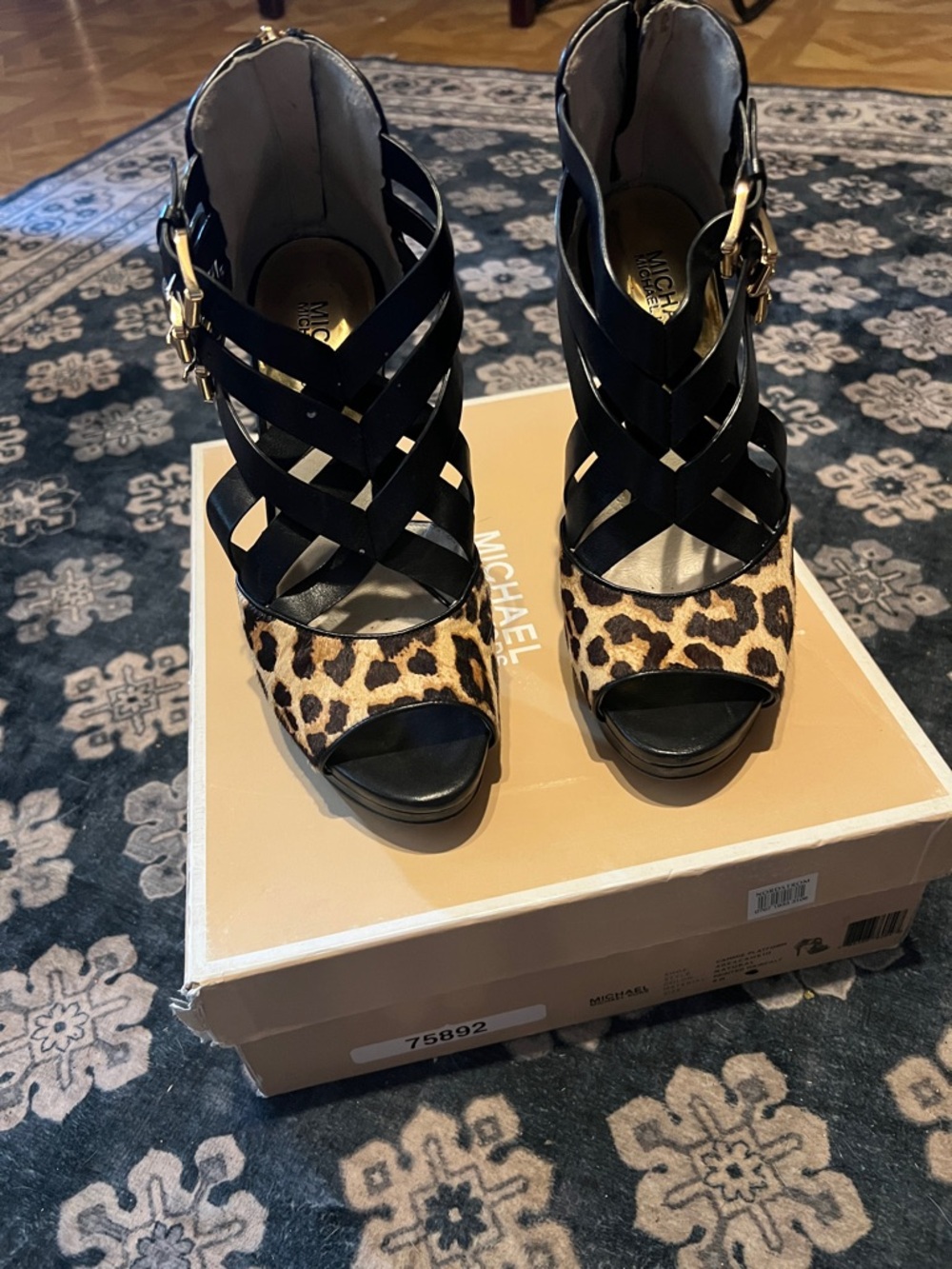 Michael Kors Black Strappy Leopard-Print Peep-Toe Heels